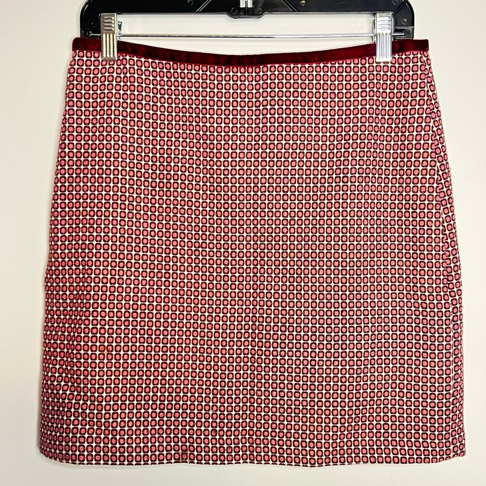 Vintage red and pink geometric pattern Mini Skirt with red velvet trim